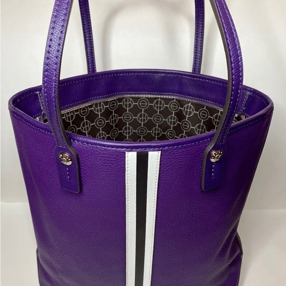 Henri Bendel Tote Large Leather West 57th Stripe North South Handbag Acai Purple - Picture 4 of 9